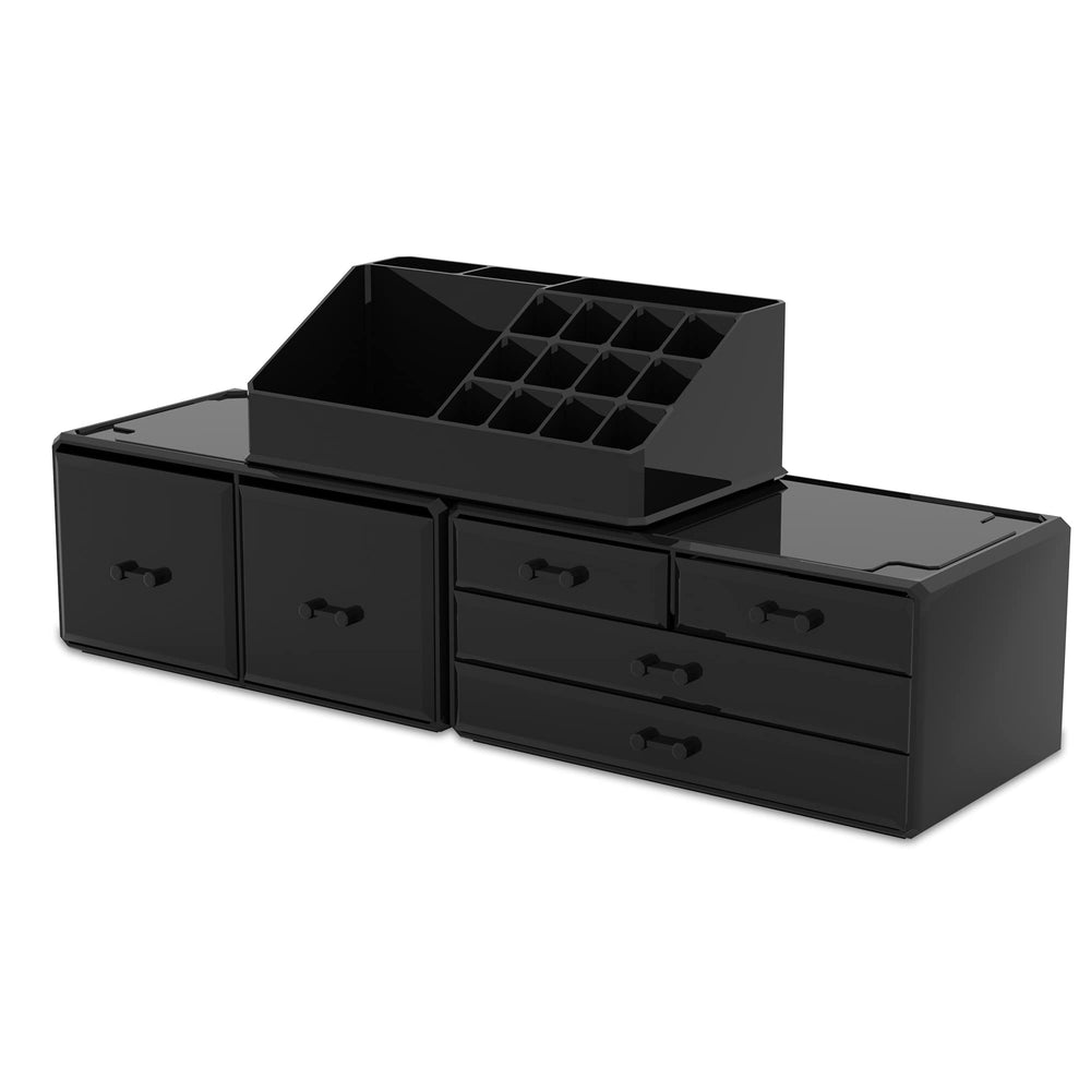 READAEER makeup organizer sleek plastic design complements modern vanity.