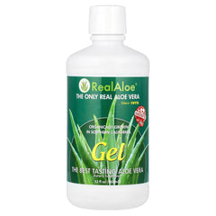 Real Aloe gel bottle front displays 32 oz size ideal for skin hydration and soothing routines.