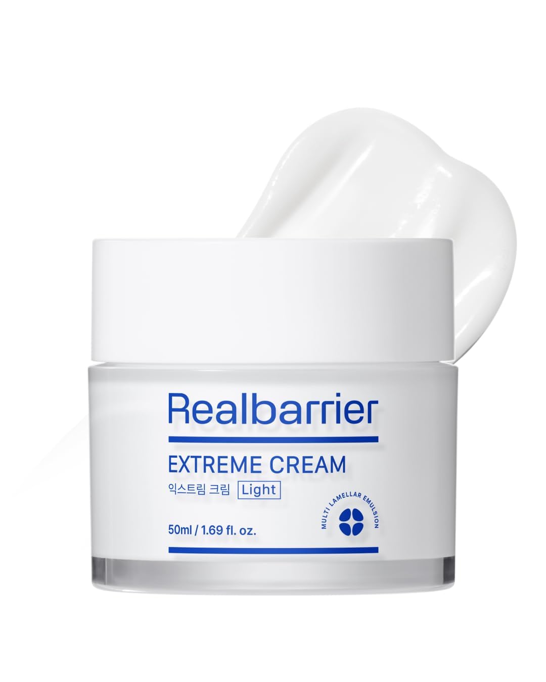 Real Barrier Extreme Cream Light tub closeup demonstrates rich texture for daily hydration.