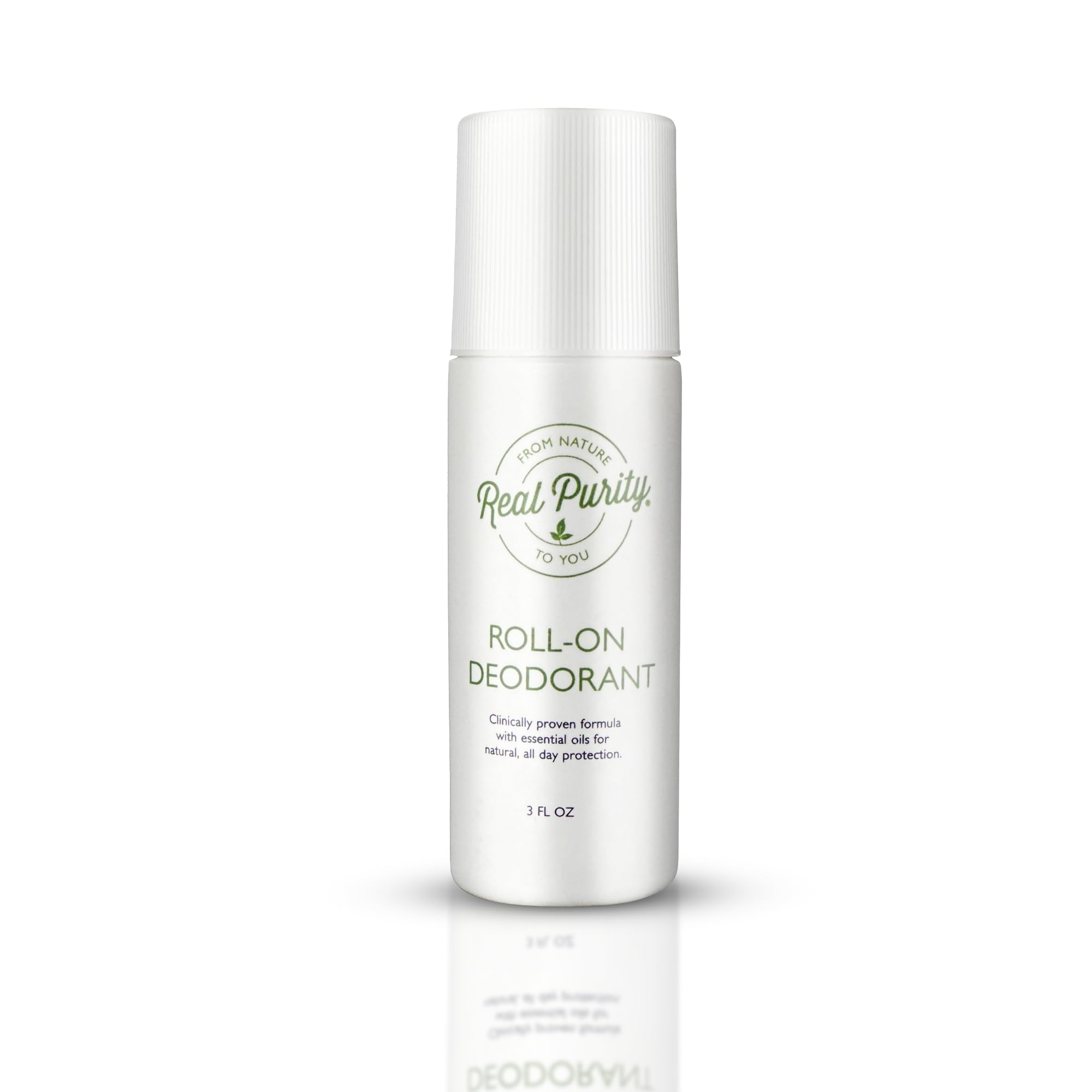 Real Purity Roll-On deodorant bottle showing quick-dry, skin-friendly protection.