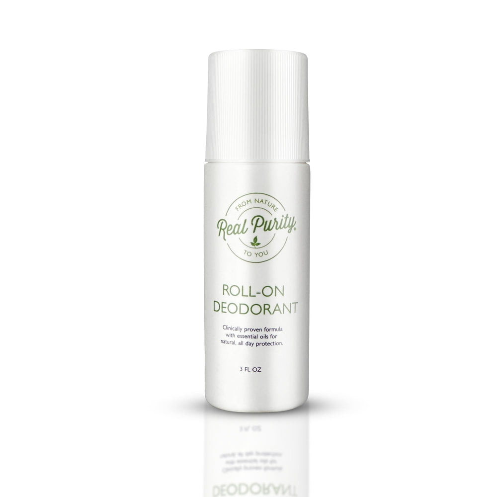 Real Purity Roll-On deodorant bottle showing quick-dry, skin-friendly protection.