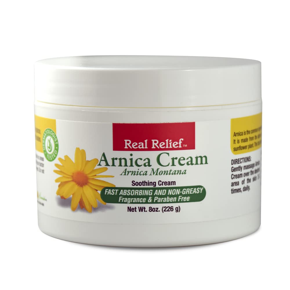 Real Relief Arnica Cream demonstrates fast-absorbing-application for targeted relief.
