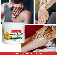 Real Relief Arnica Cream texture demonstrates quick absorption for massage sessions.