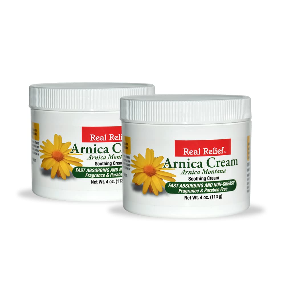 Real Relief Arnica Cream jar with fast-absorbing, non-greasy finish.