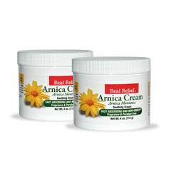 Real Relief Arnica Cream jar with fast-absorbing, non-greasy finish.