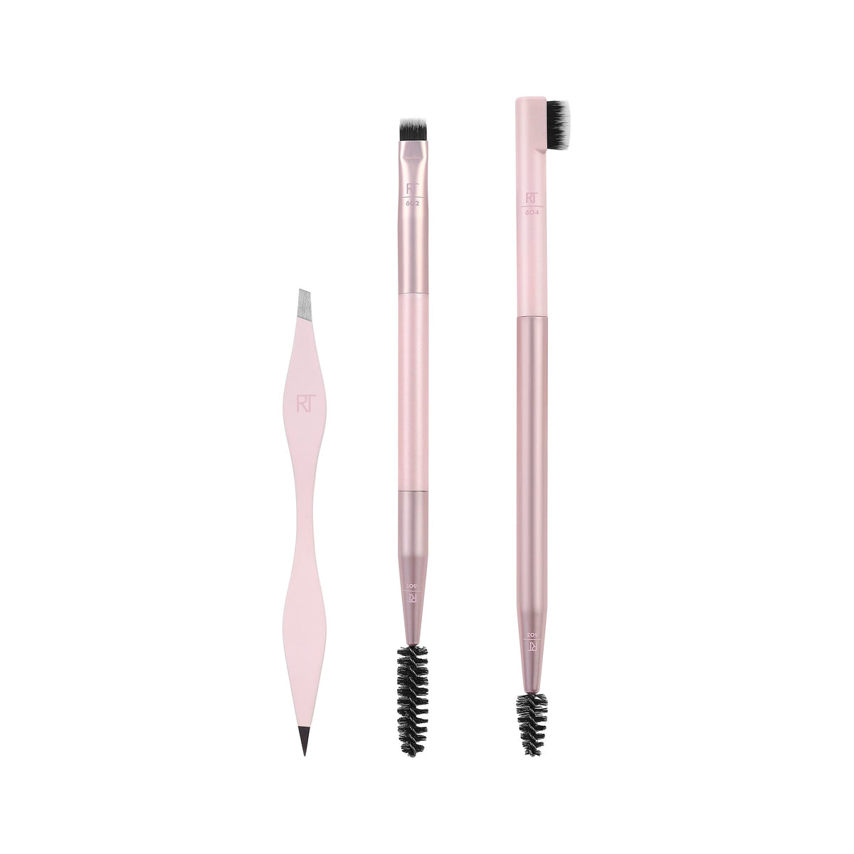 Real Techniques Brow Shaping Set angled tweezers closeup for precise brow tweezing.