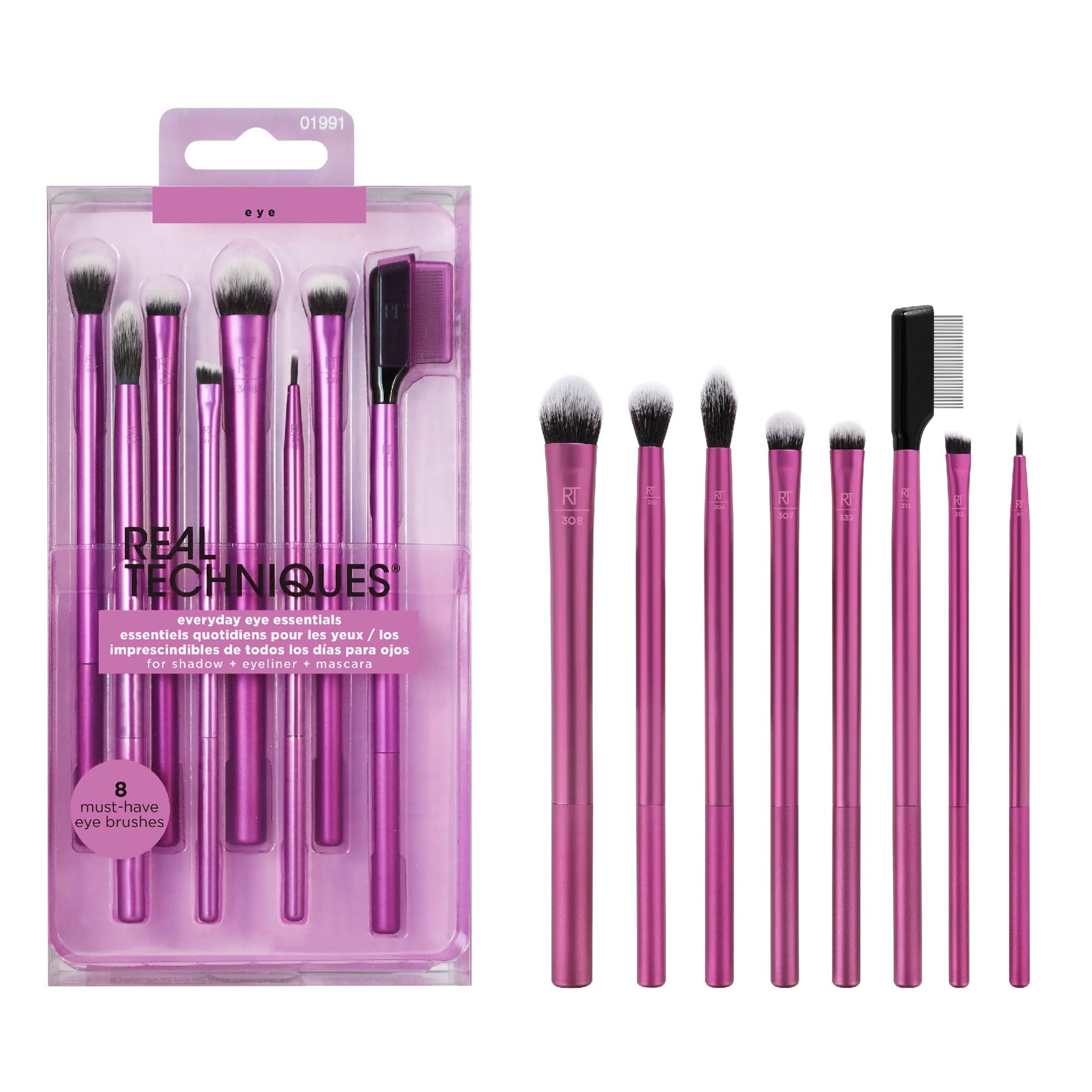 Real Techniques Everyday Eye Essentials packaging on display, ideal gift-ready travel companion.