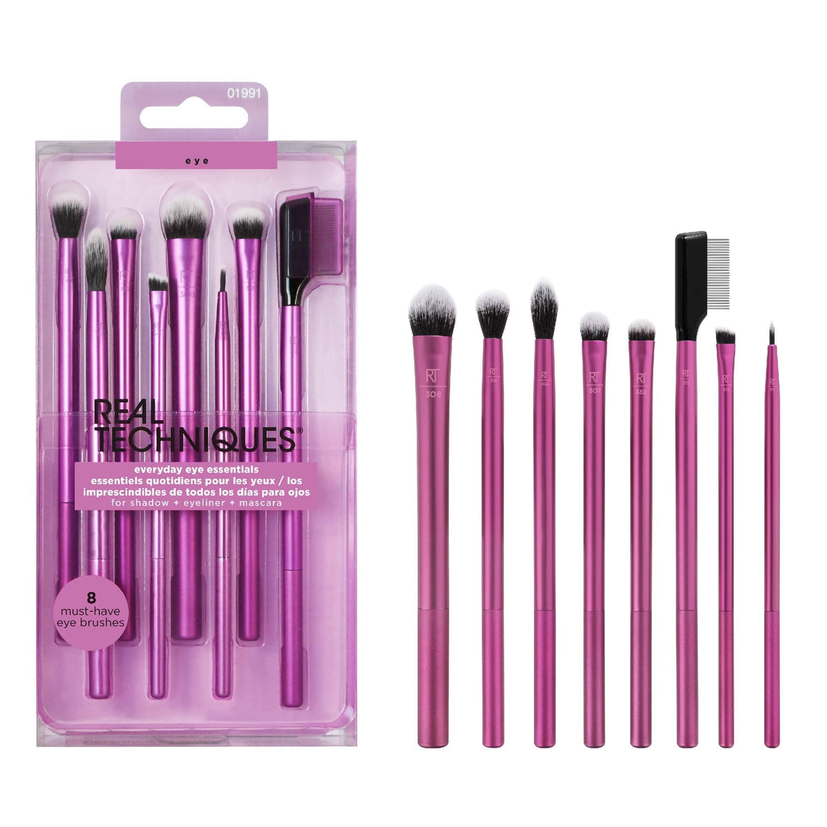Real Techniques Everyday Eye Essentials packaging on display, ideal gift-ready travel companion.