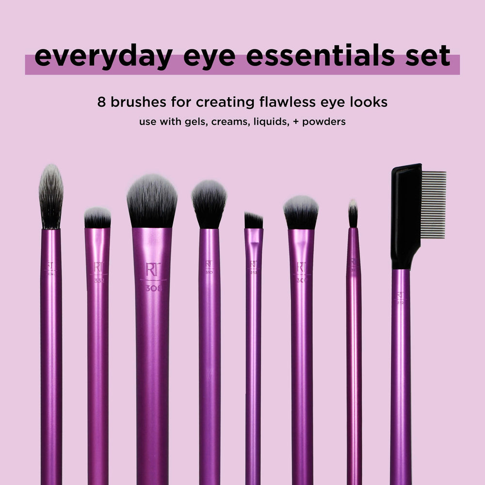 Real Techniques eye brush set laid out for easy beginners and versatile application.