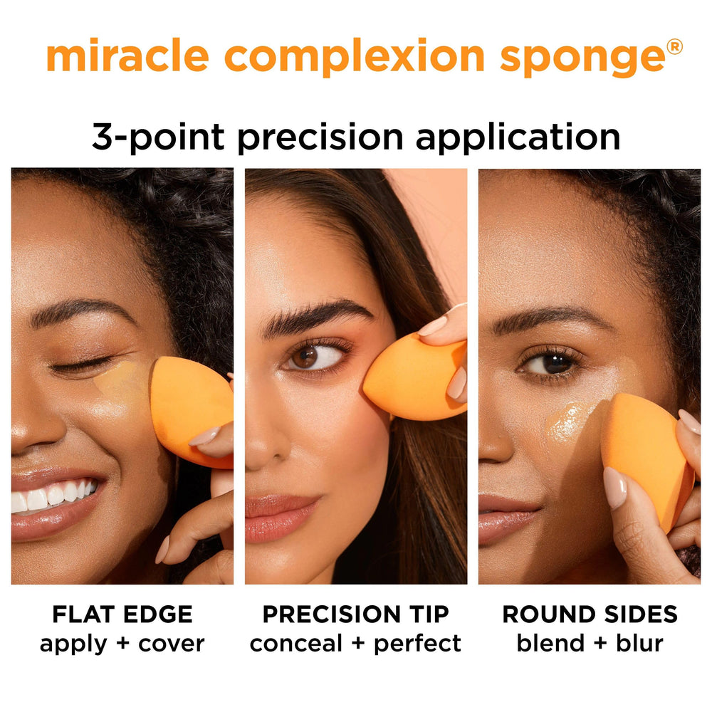 Real Techniques damp sponge for dewy glow and natural finish.