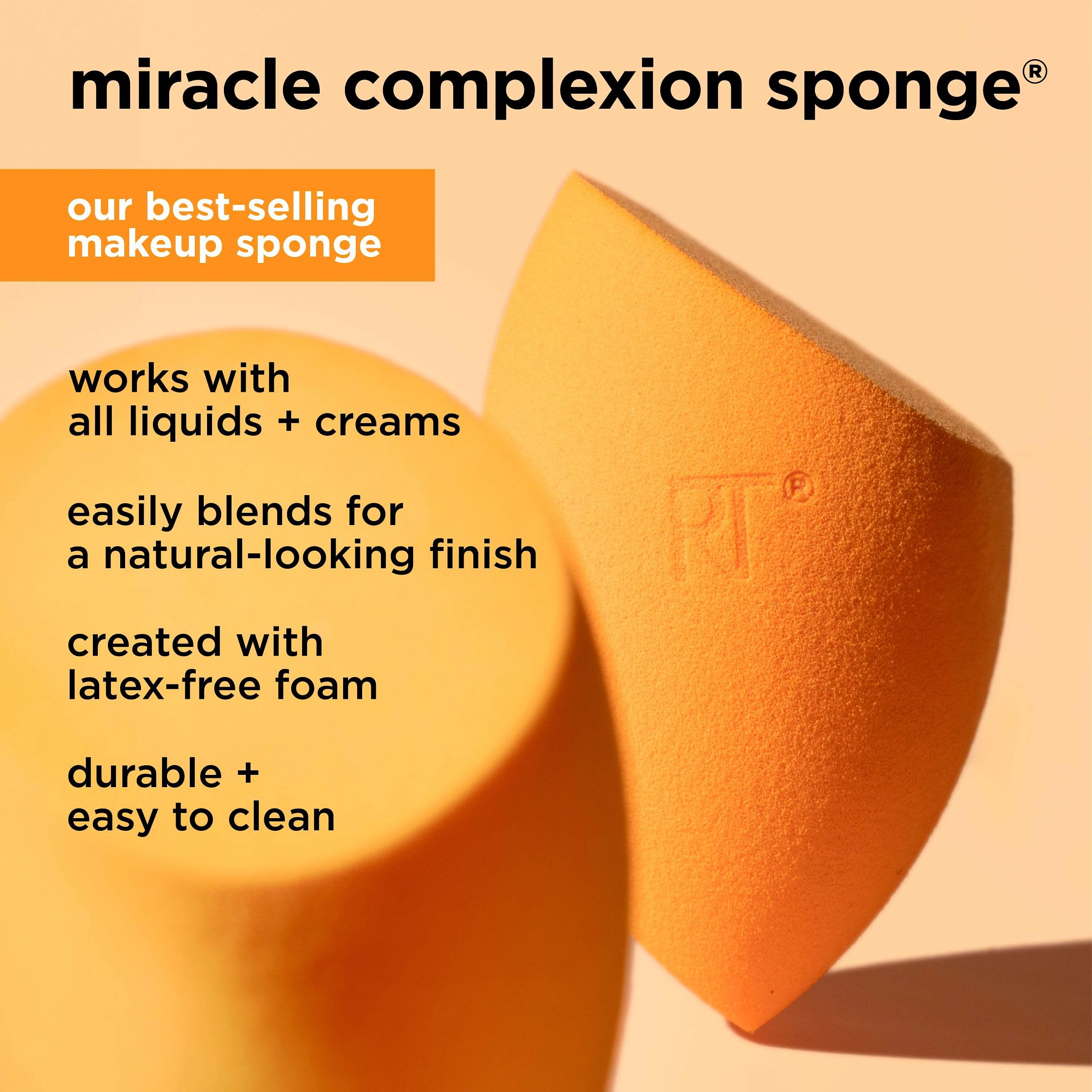 Real Techniques rounded sponge sides blending for seamless finish.