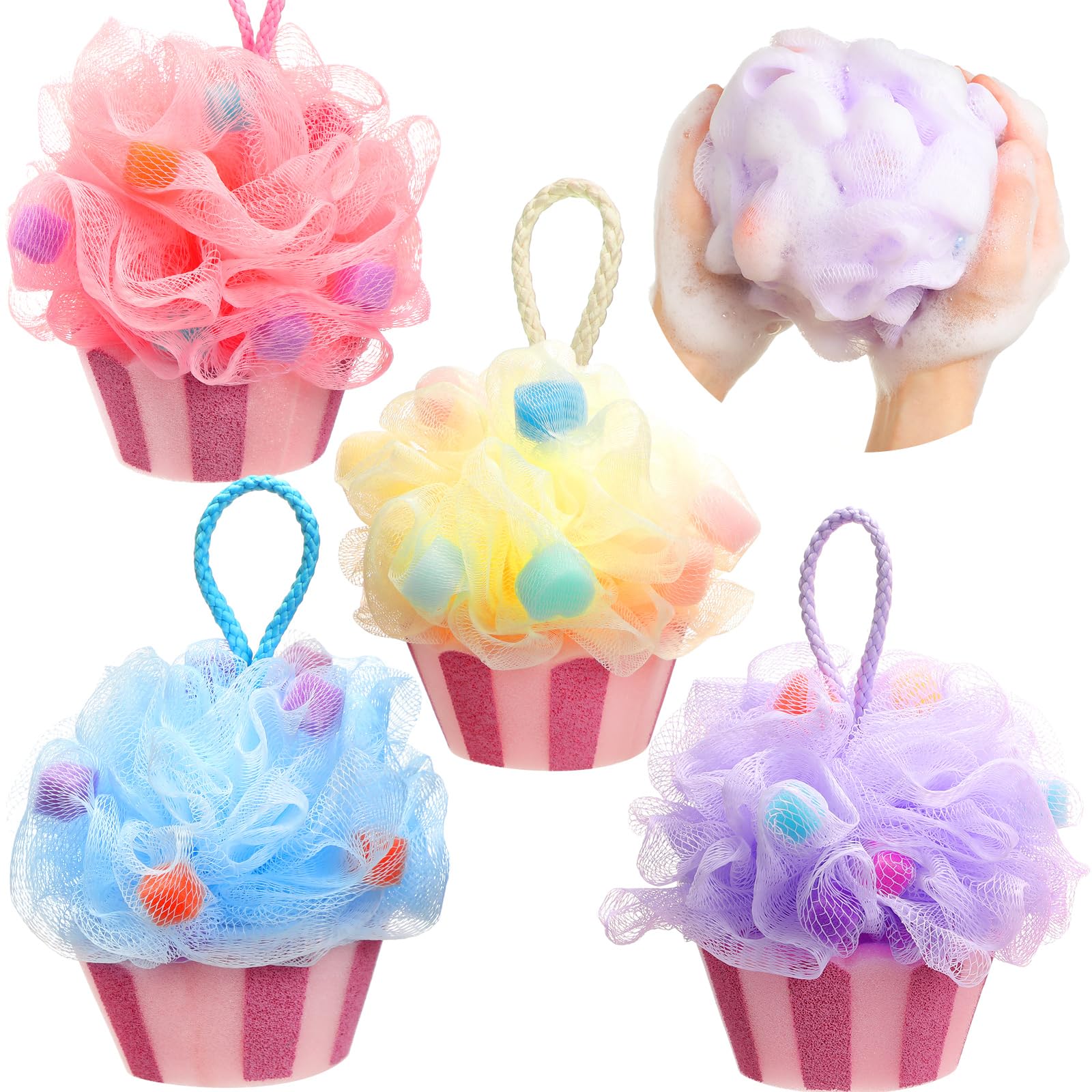 Reallnaive cupcake bath loofah set—four colorful scrubbers for playful cleansing