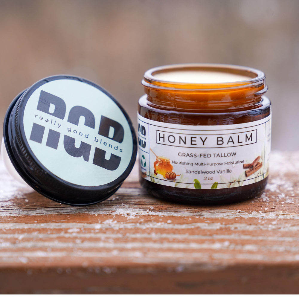Really Good Blends Tallow Honey Balm back-of-jar shows packaging integrity