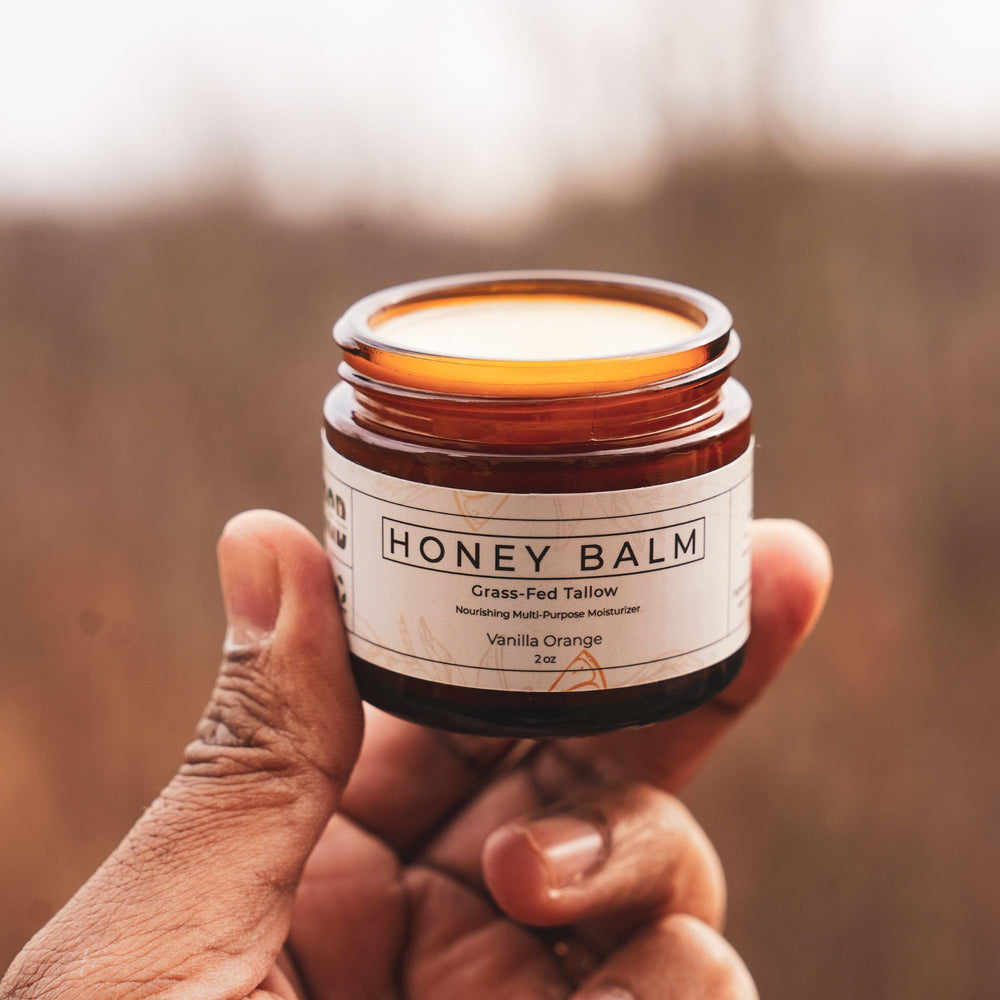 Face application of Really Good Blends Tallow Honey Balm for versatile skincare use.