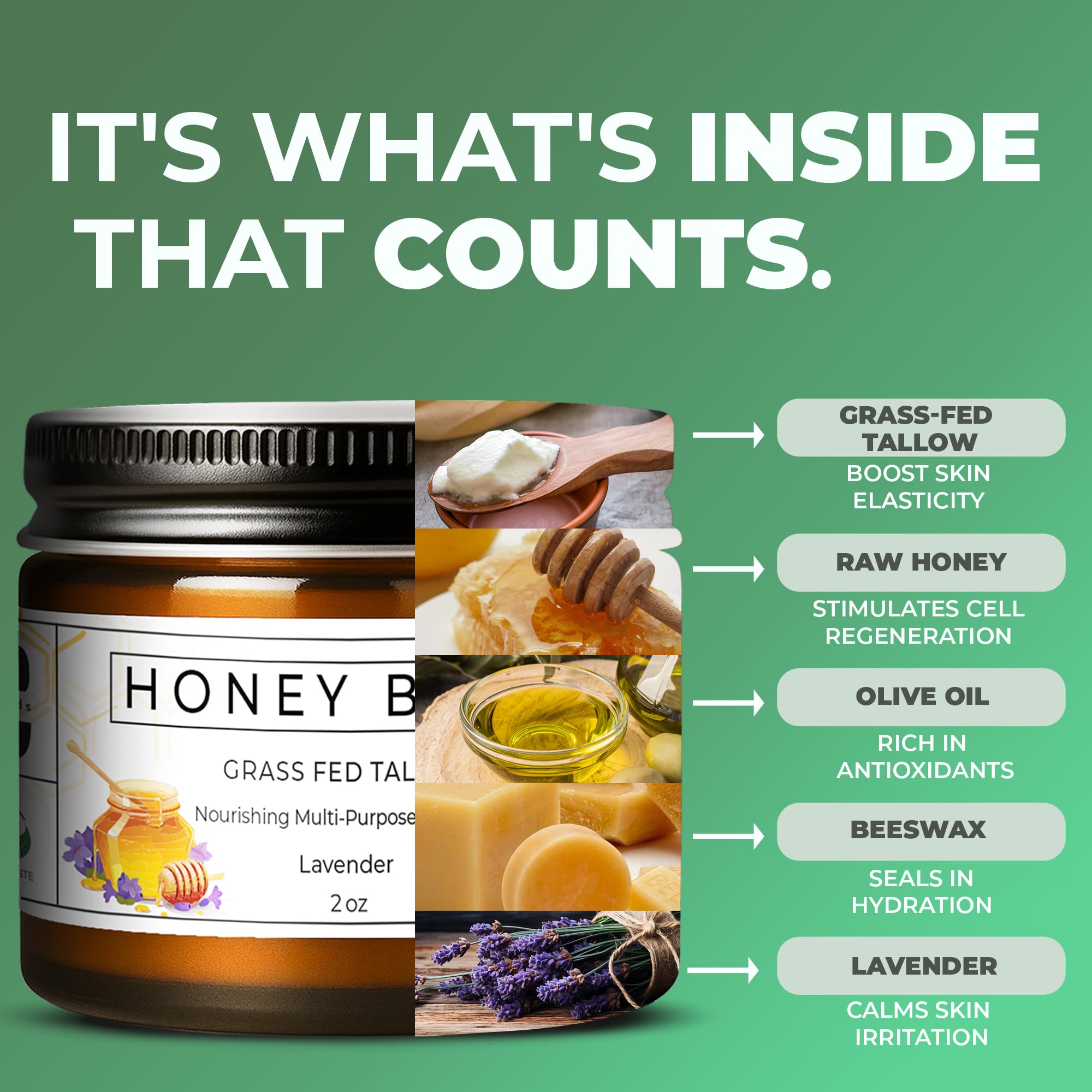 Really Good Blends Tallow Honey Balm ingredients label – five-ingredient formula for sensitive skin.