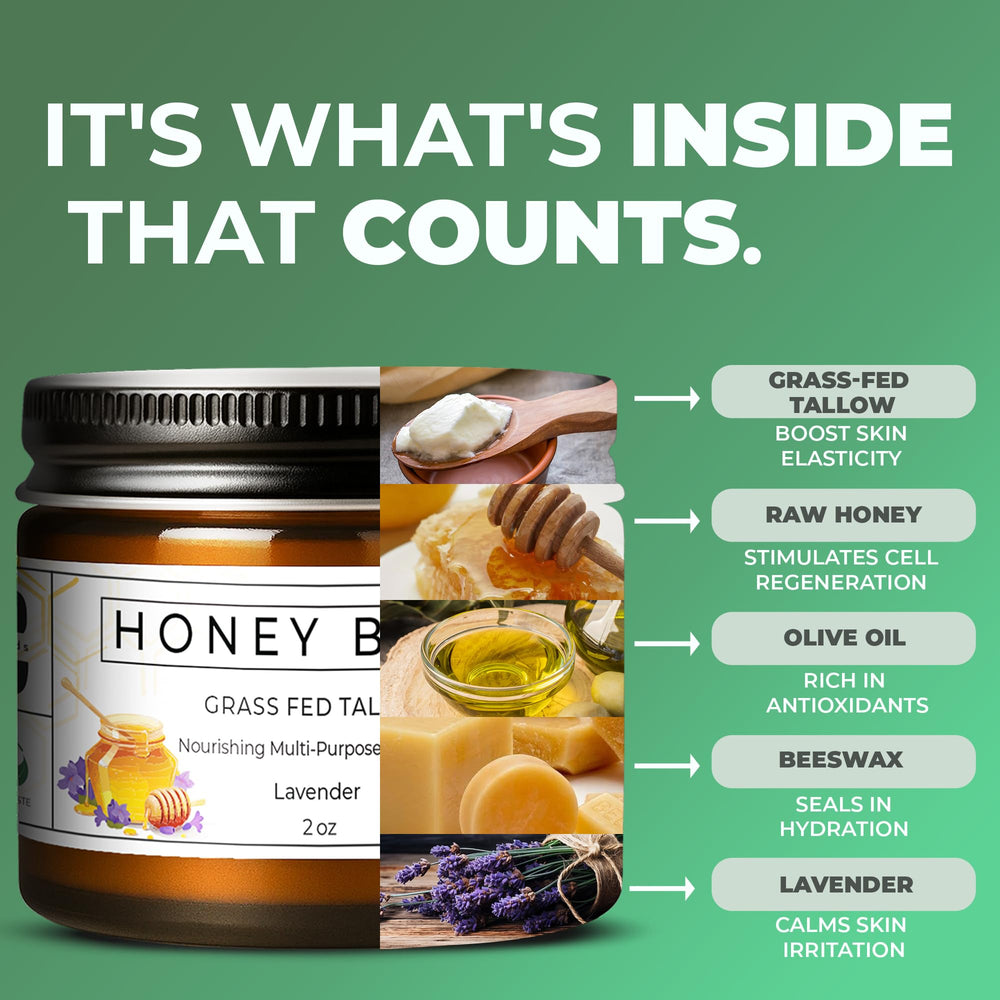 Really Good Blends Tallow Honey Balm ingredients label – five-ingredient formula for sensitive skin.