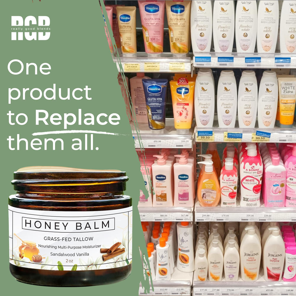 Really Good Blends Tallow Honey Balm ingredients: six-item formula with tallow and honey