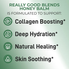 Really Good Blends Tallow Honey Balm label highlights clean ingredients for sensitive skin
