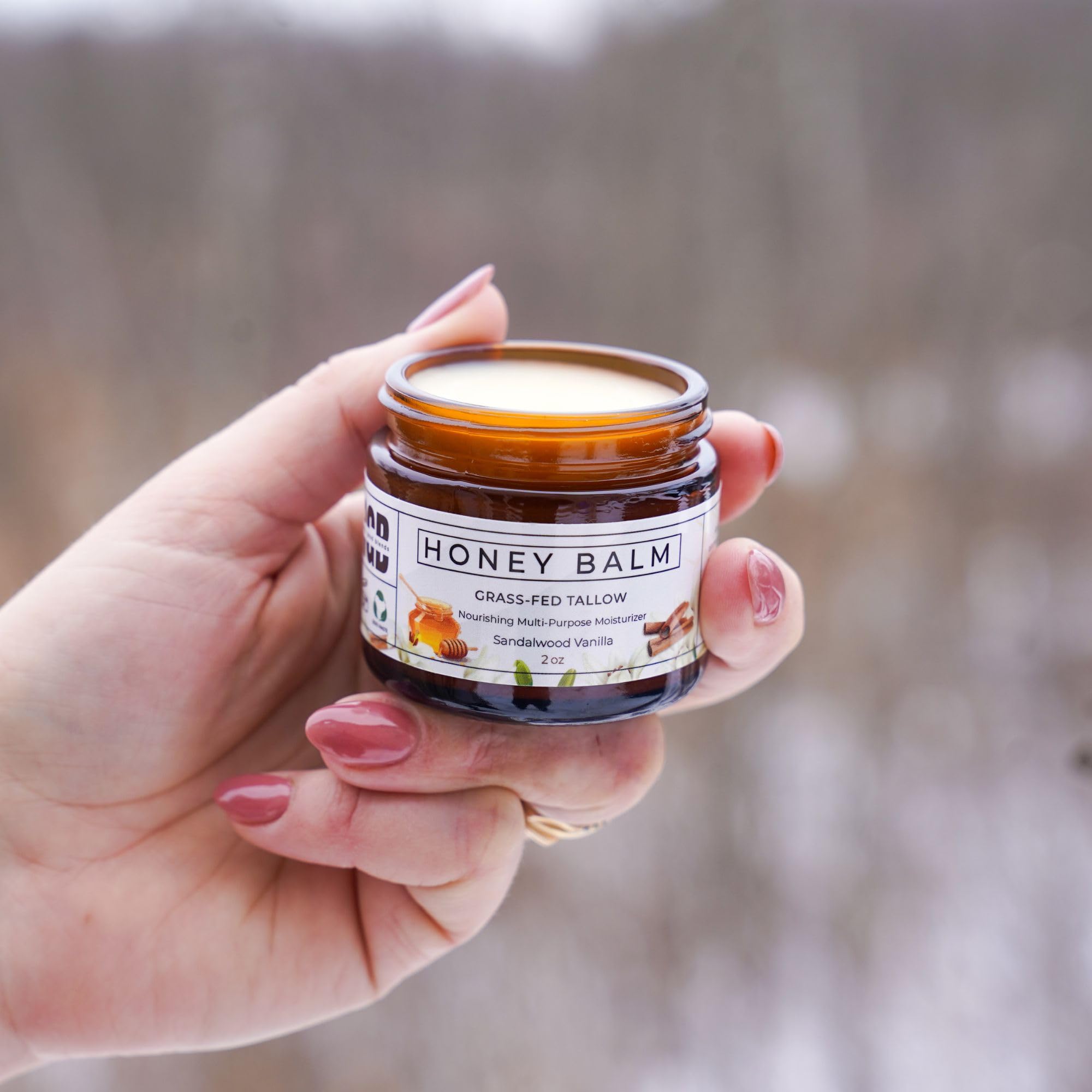 Really Good Blends Tallow Honey Balm sandalwood-vanilla scent provides grounding aroma