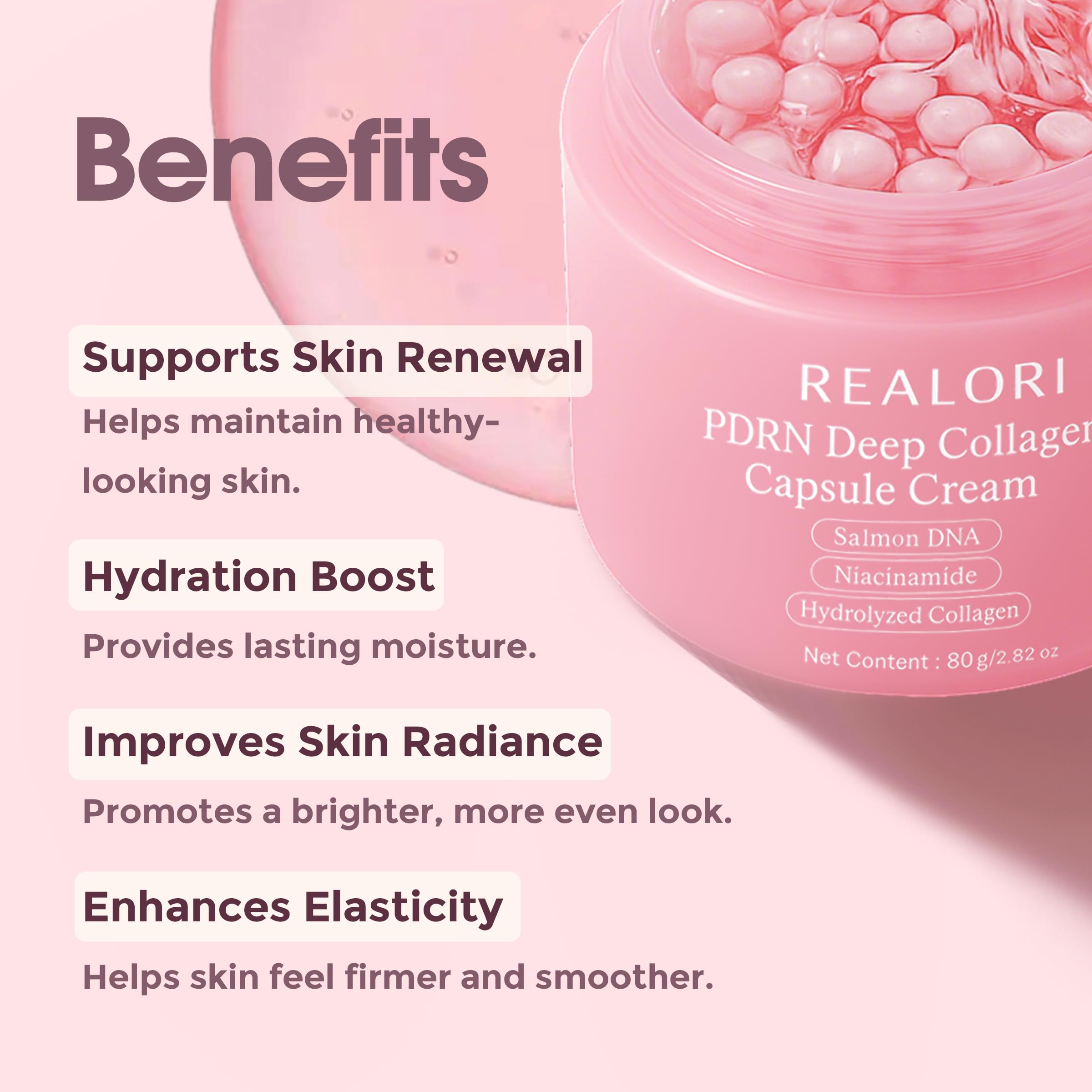 Realori PDRN Capsule Cream pink jelly swirl texture for deep hydration.