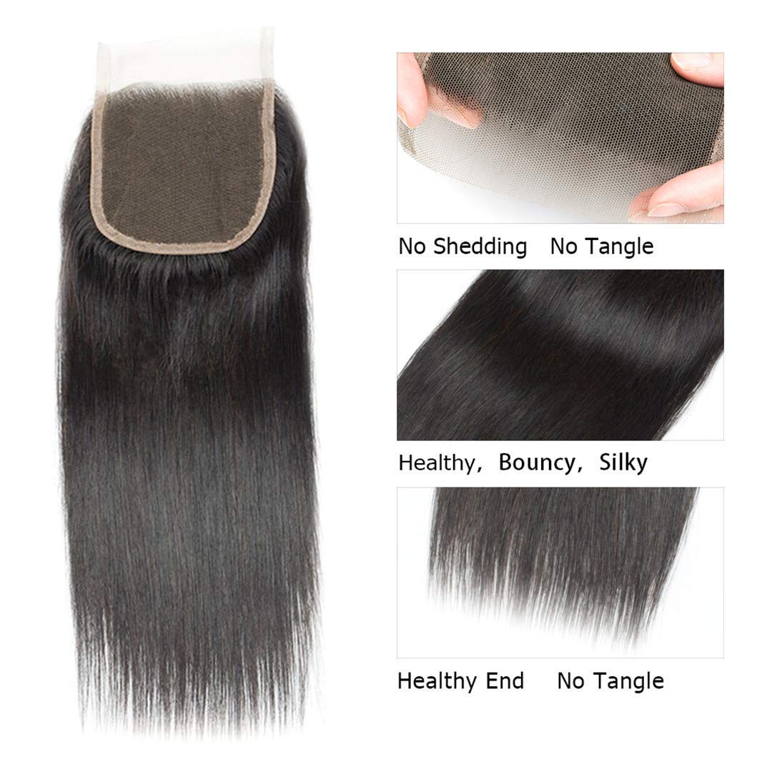 Rebasar straight lace closure 4x4 Brazilian hair weft with healthy shine.