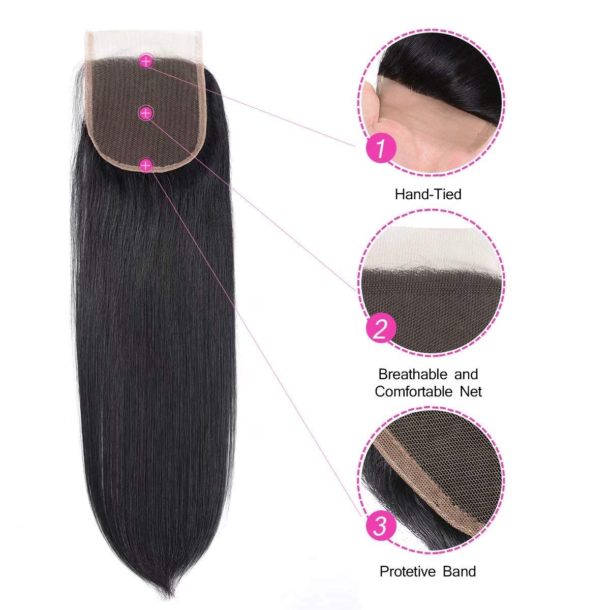 Rebasar straight lace closure 4x4 natural black color blends with dark hair.