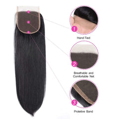 Rebasar straight lace closure 4x4 natural black color blends with dark hair.