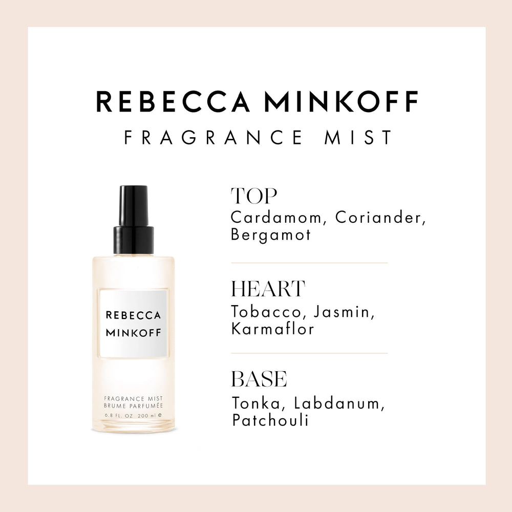 Rebecca Minkoff Body Spray base notes blend tonka and patchouli for lasting depth.