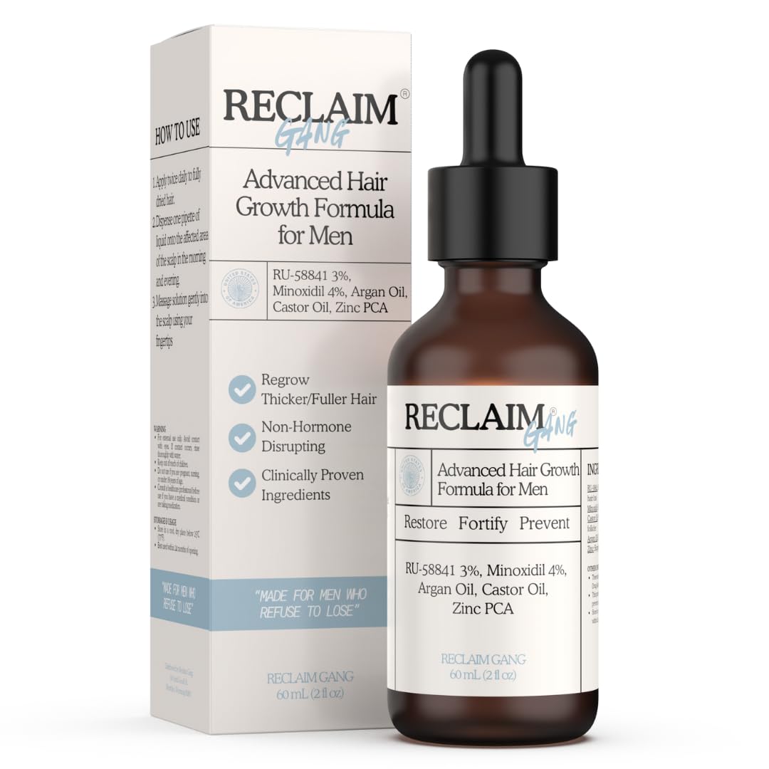 Reclaim Gang RU58841-Minoxidil serum bottle shows dual action for thicker hair