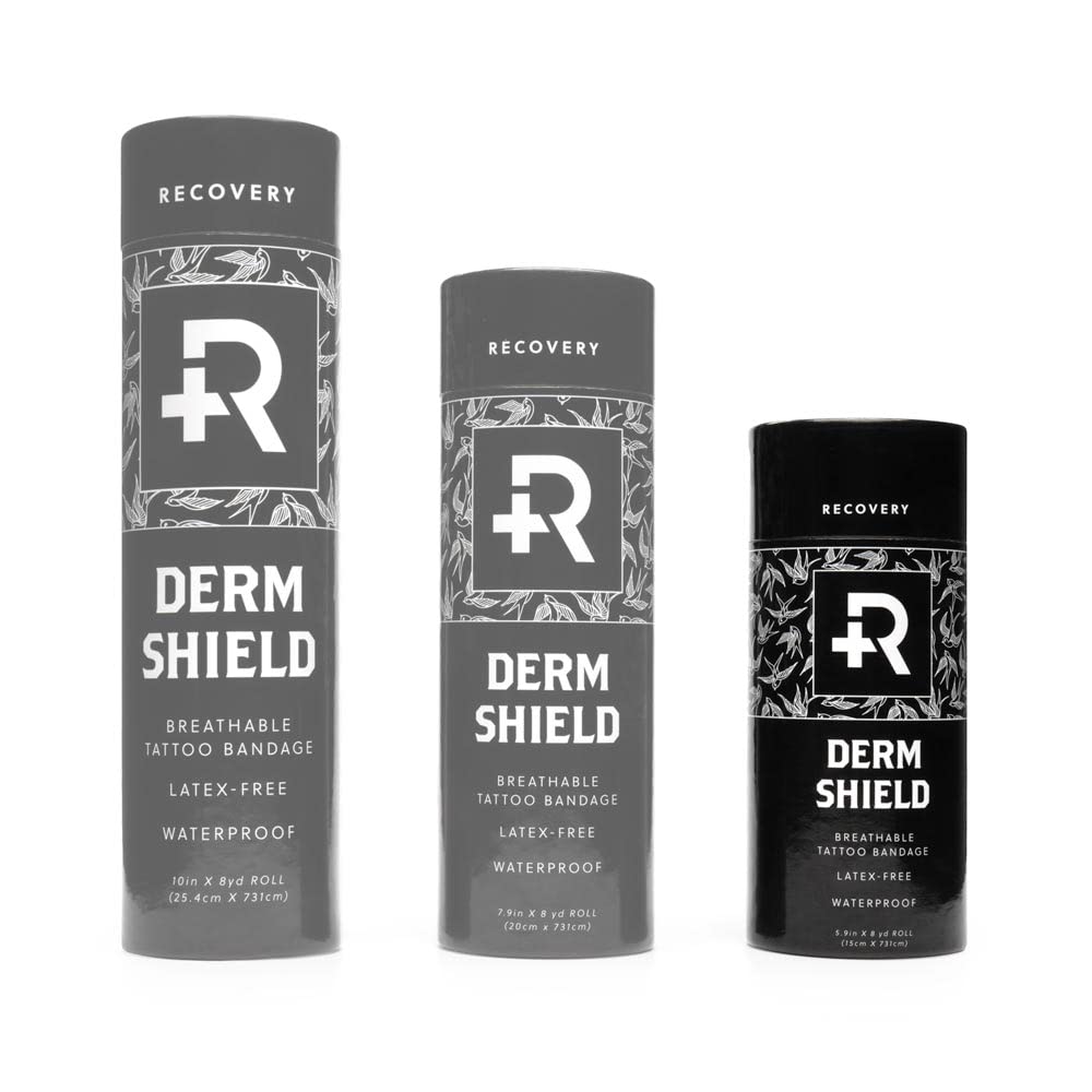 Recovery Aftercare Derm Shield transparent matte film on skin highlights breathable, waterproof protection preserving tattoo vibrancy.