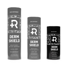 Recovery Aftercare Derm Shield transparent matte film on skin highlights breathable, waterproof protection preserving tattoo vibrancy.