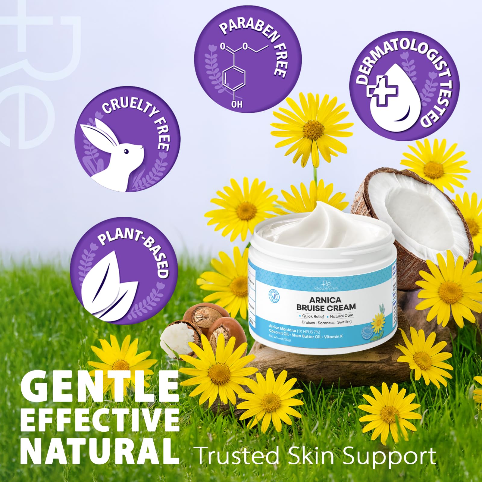 Recuren Plus Arnica Bruise Cream application on hand indicates gentle, fast-absorbing care