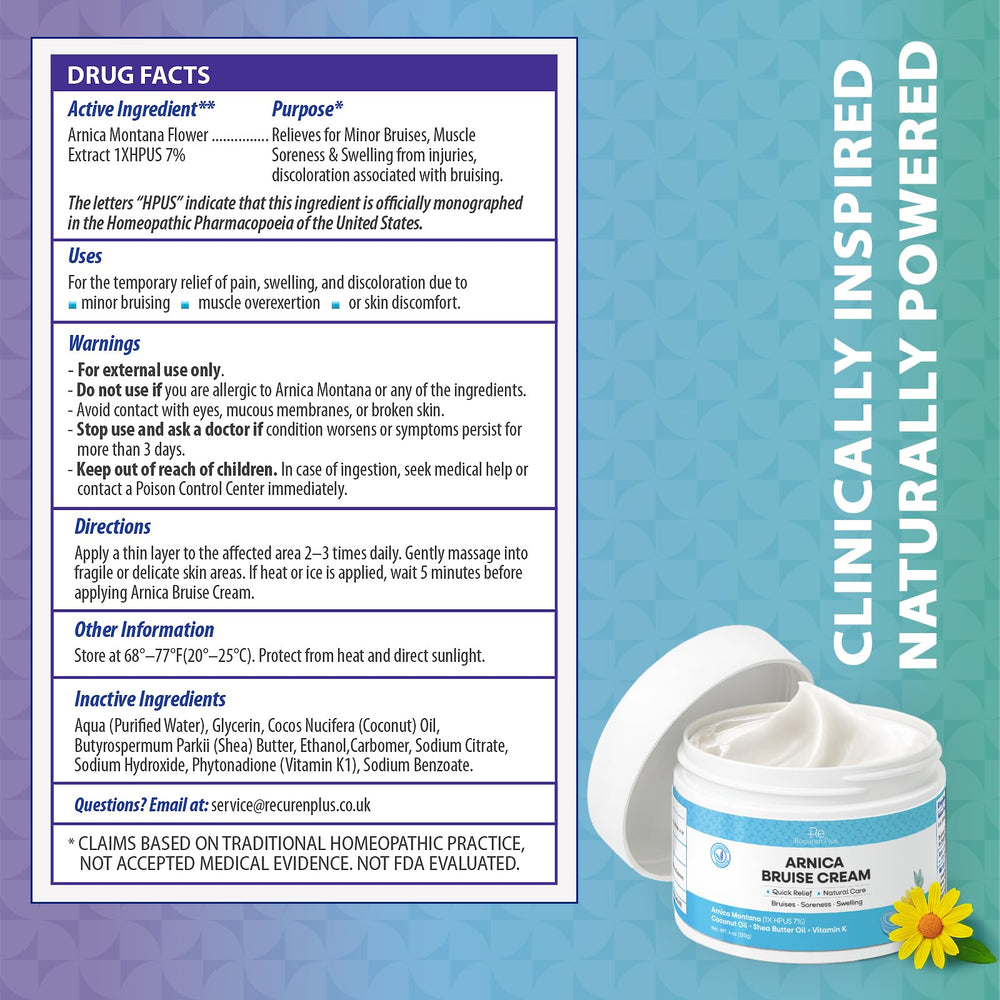 Recuren Plus Arnica Bruise Cream on face demonstrates safe, non-greasy formula