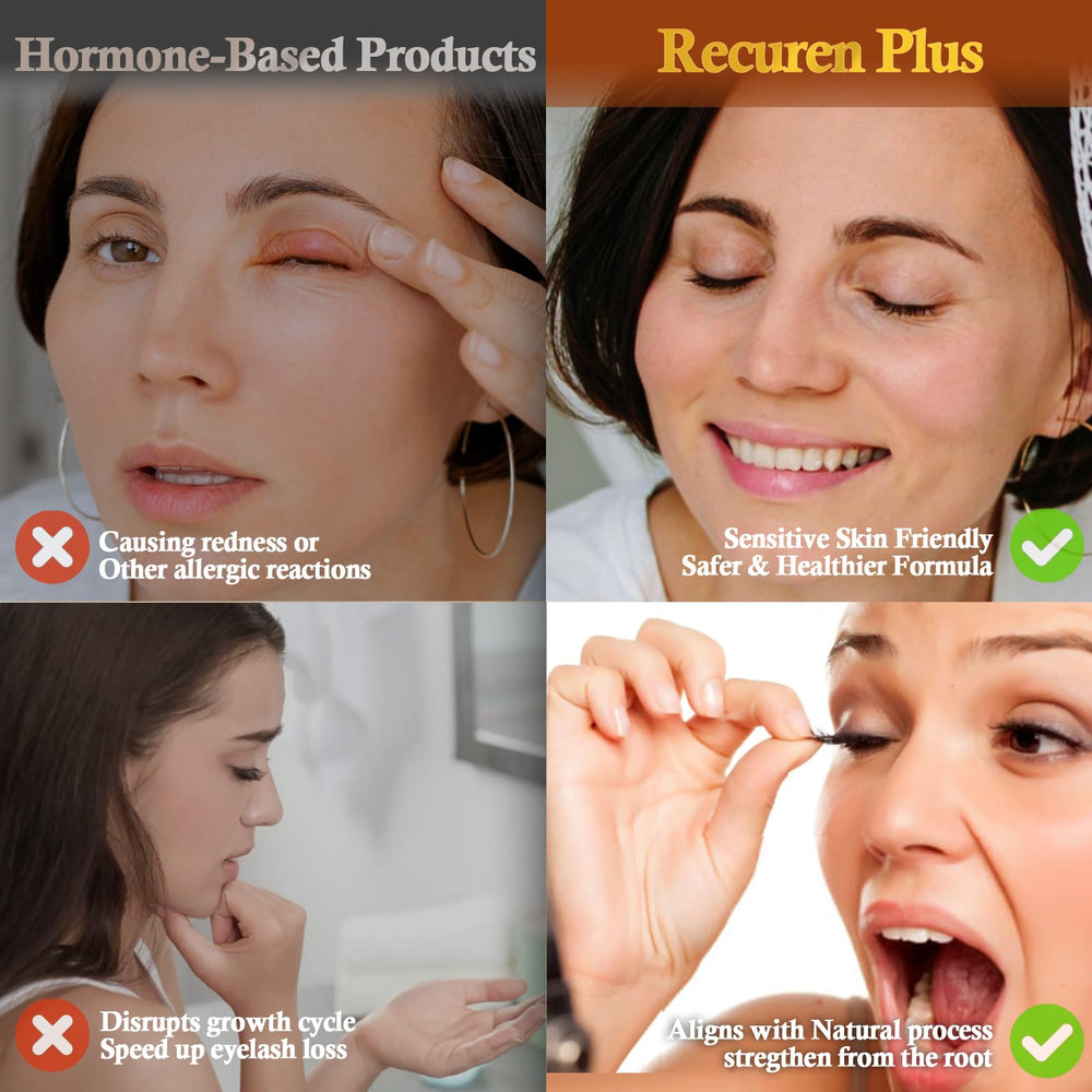Recuren Plus application steps demonstrating a simple daily lash routine.