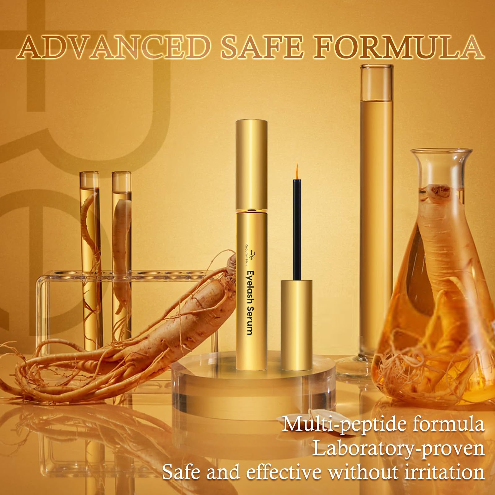 Recuren Plus champagne gold packaging emphasizes premium vegan formula.
