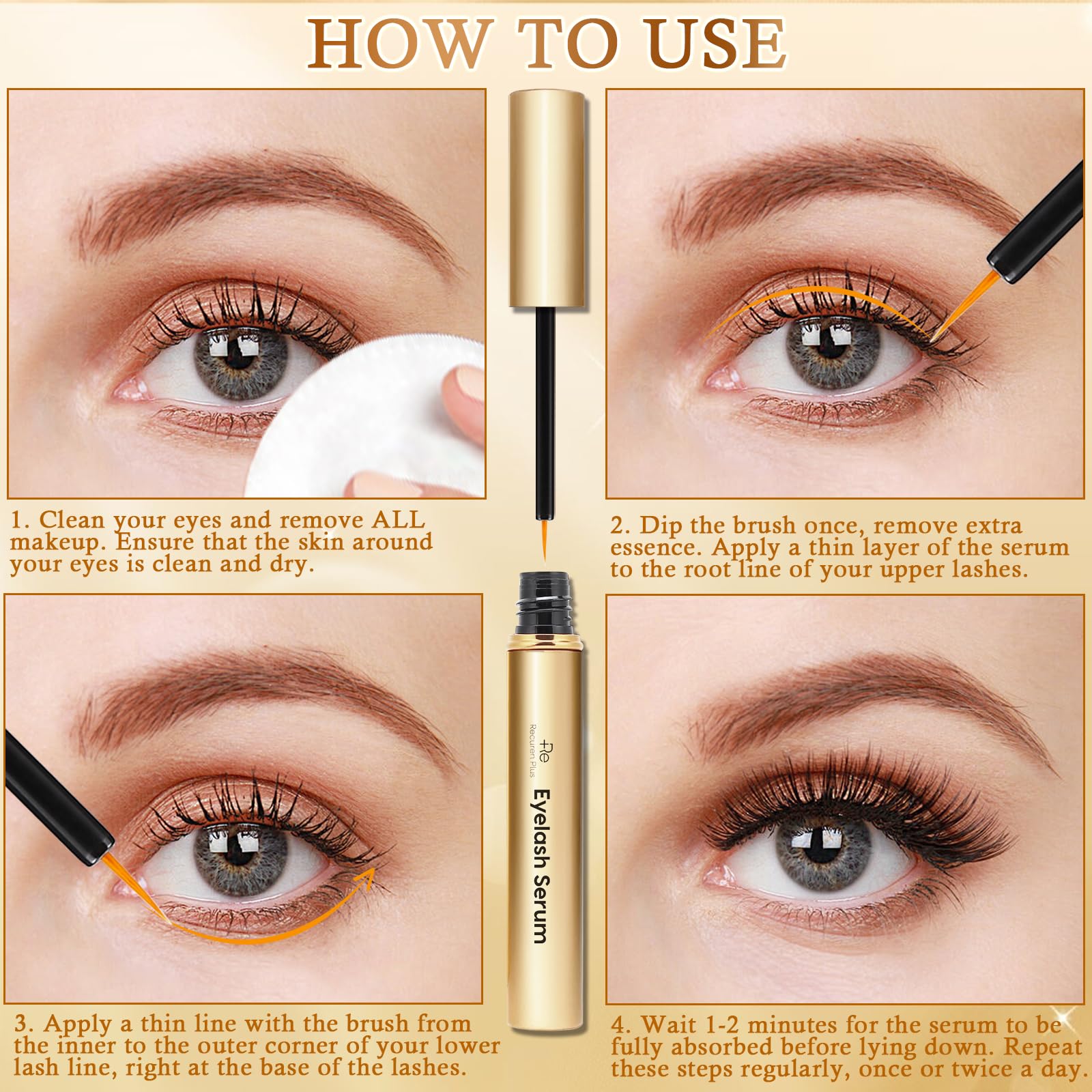 Recuren Plus highlights peptides and biotin to support lash appearance.