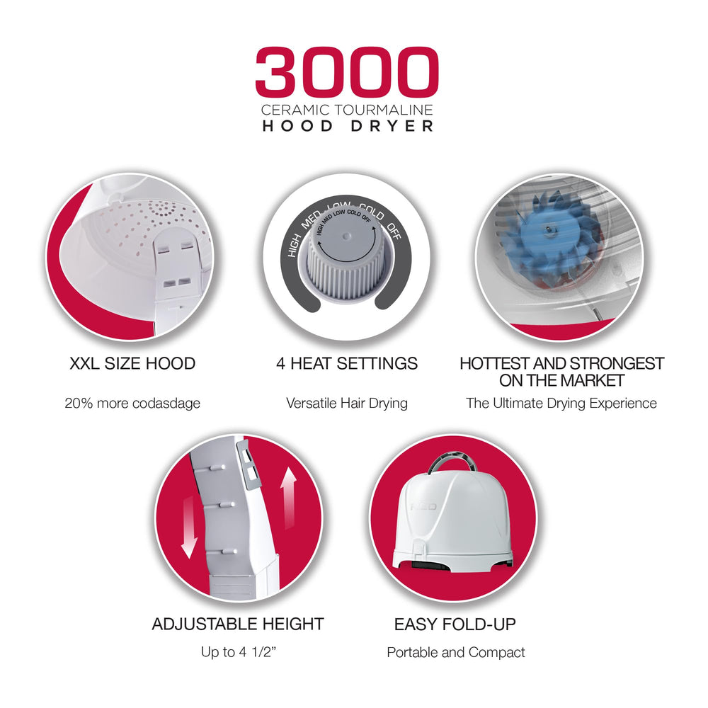 Red by Kiss 3000 hood dryer demonstrating adjustable height for user convenience.