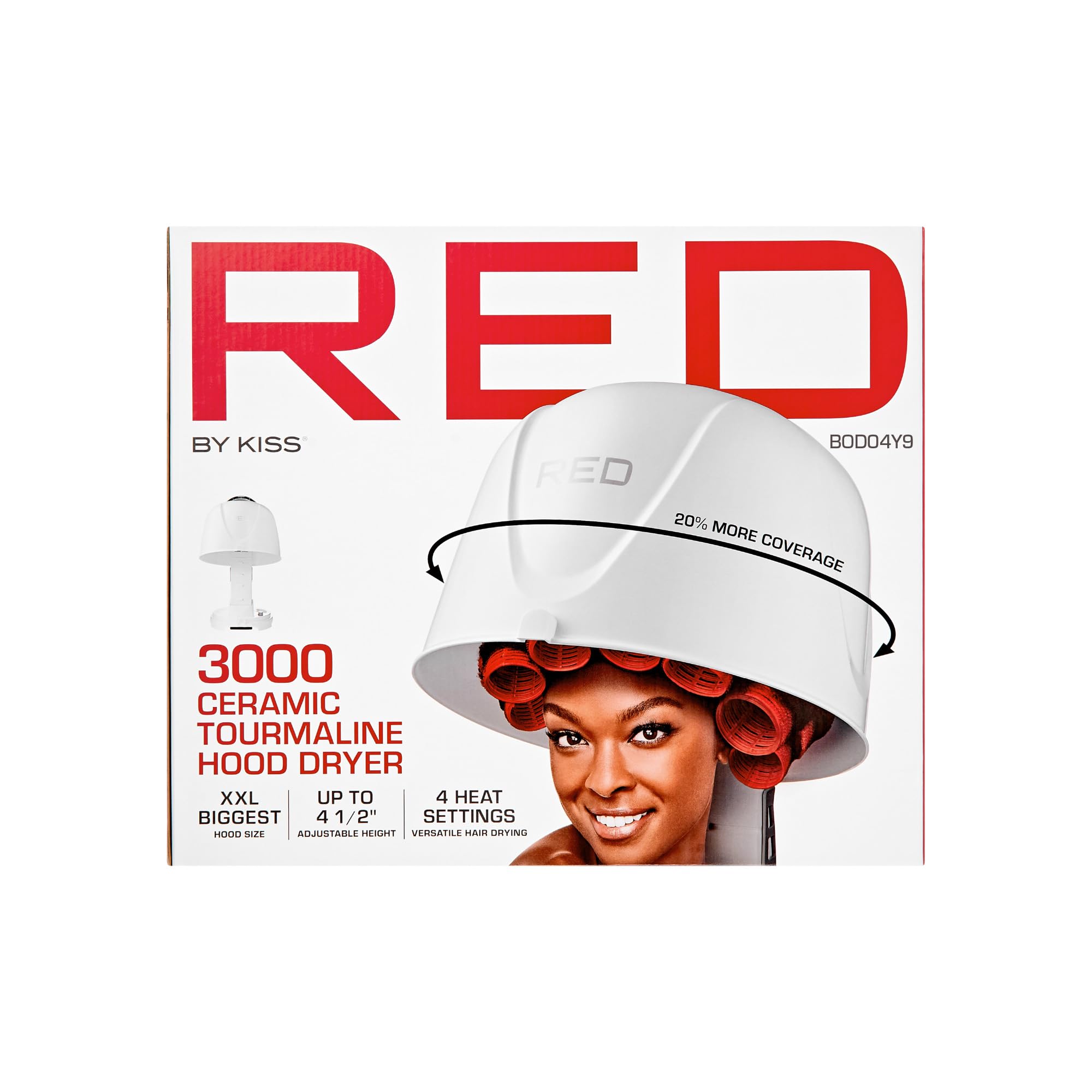 Red by Kiss 3000 hood dryer highlighting its portable design suitable for any space.