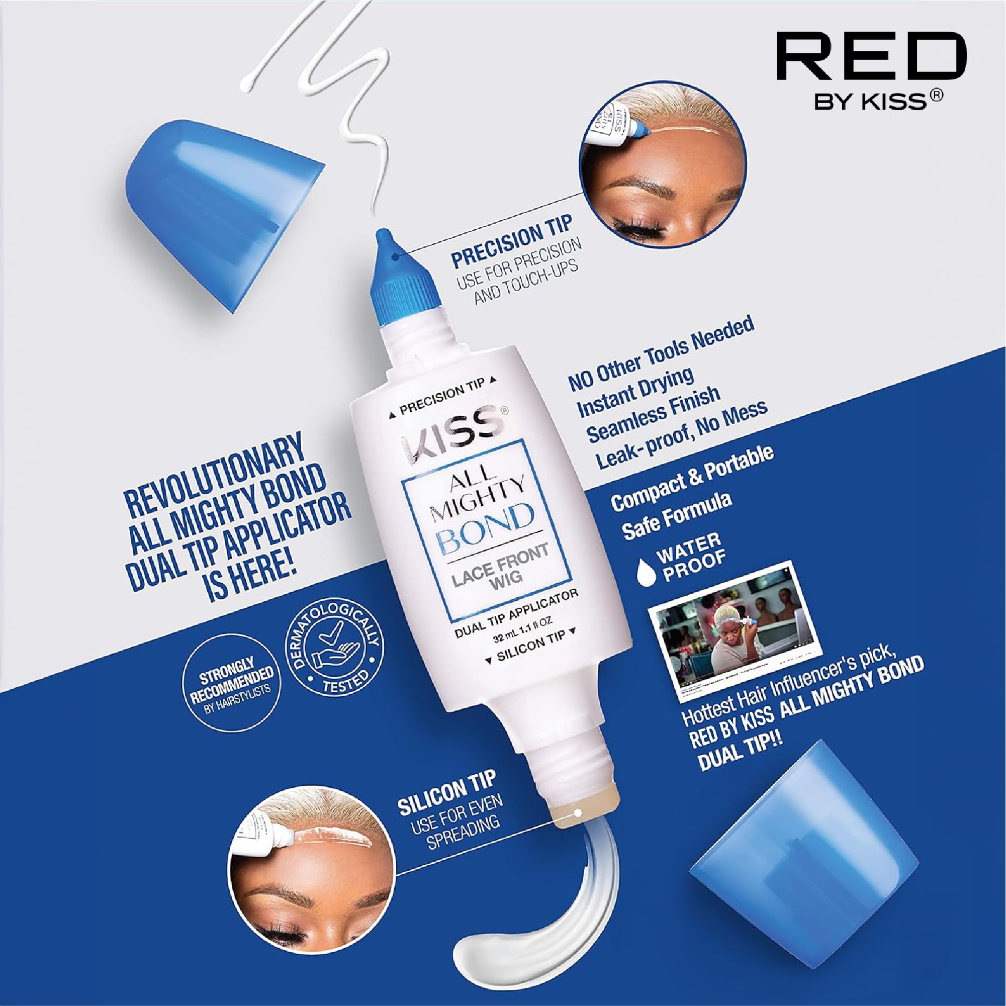 Red by Kiss All Mighty Bond provides strong hold to prevent lifting during wear.