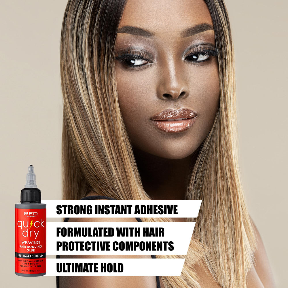 Red by Kiss application shot highlights fast-drying hold for extensions.