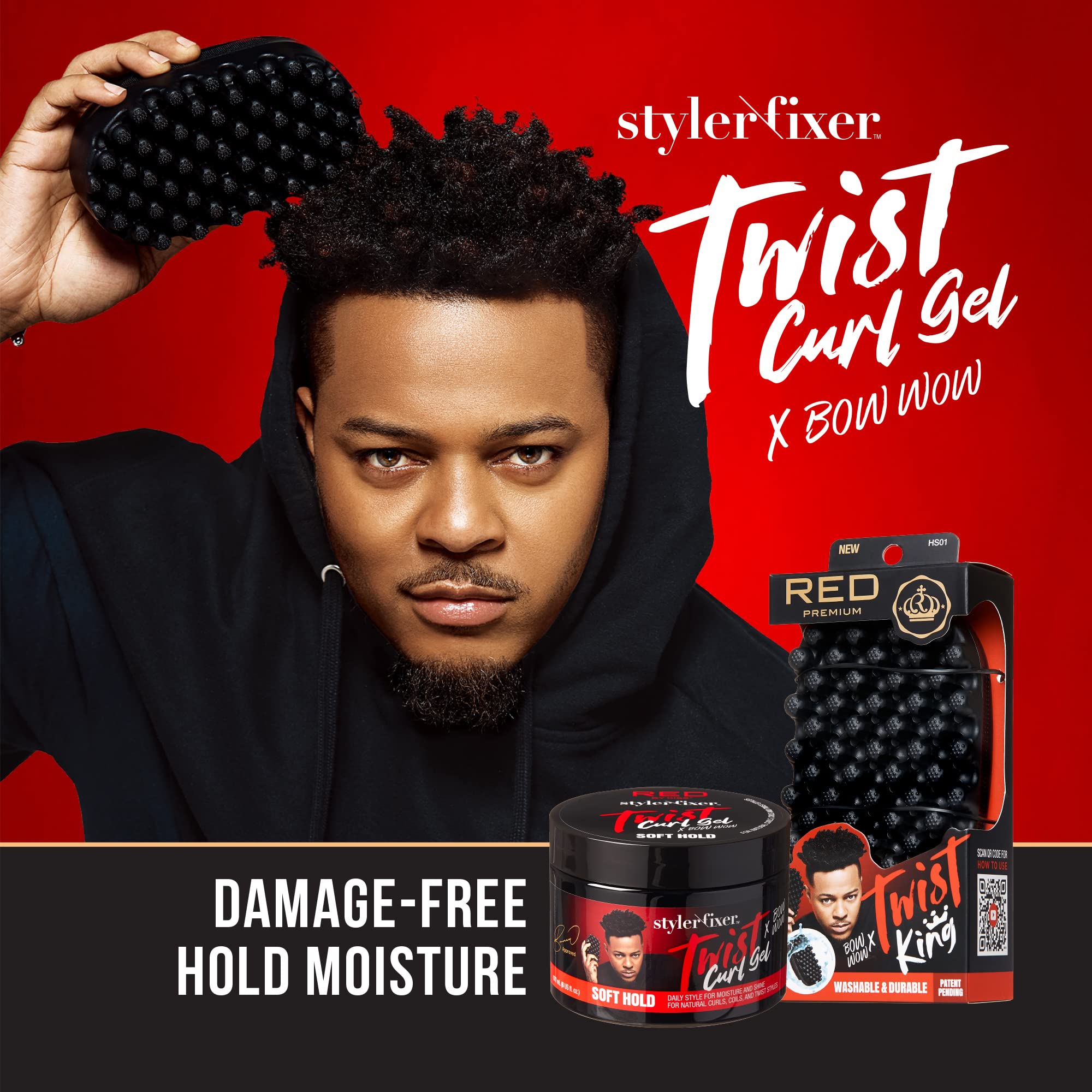 Red by Kiss Bow Wow Twisting Gel bottle close-up highlighting hydrating formula for bouncy curls.