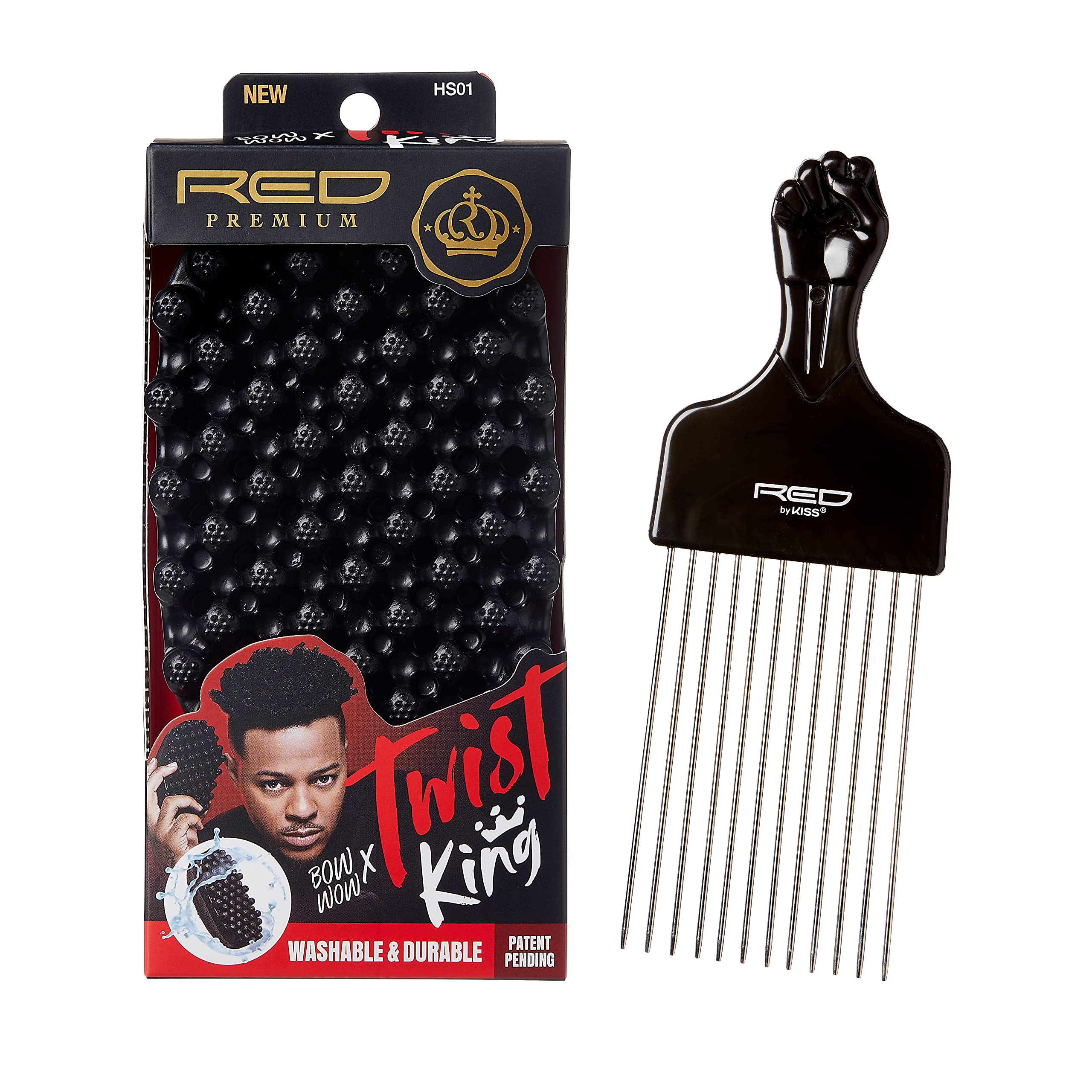 Red by Kiss Bow Wow X Twist King brush large head for smooth detangling.