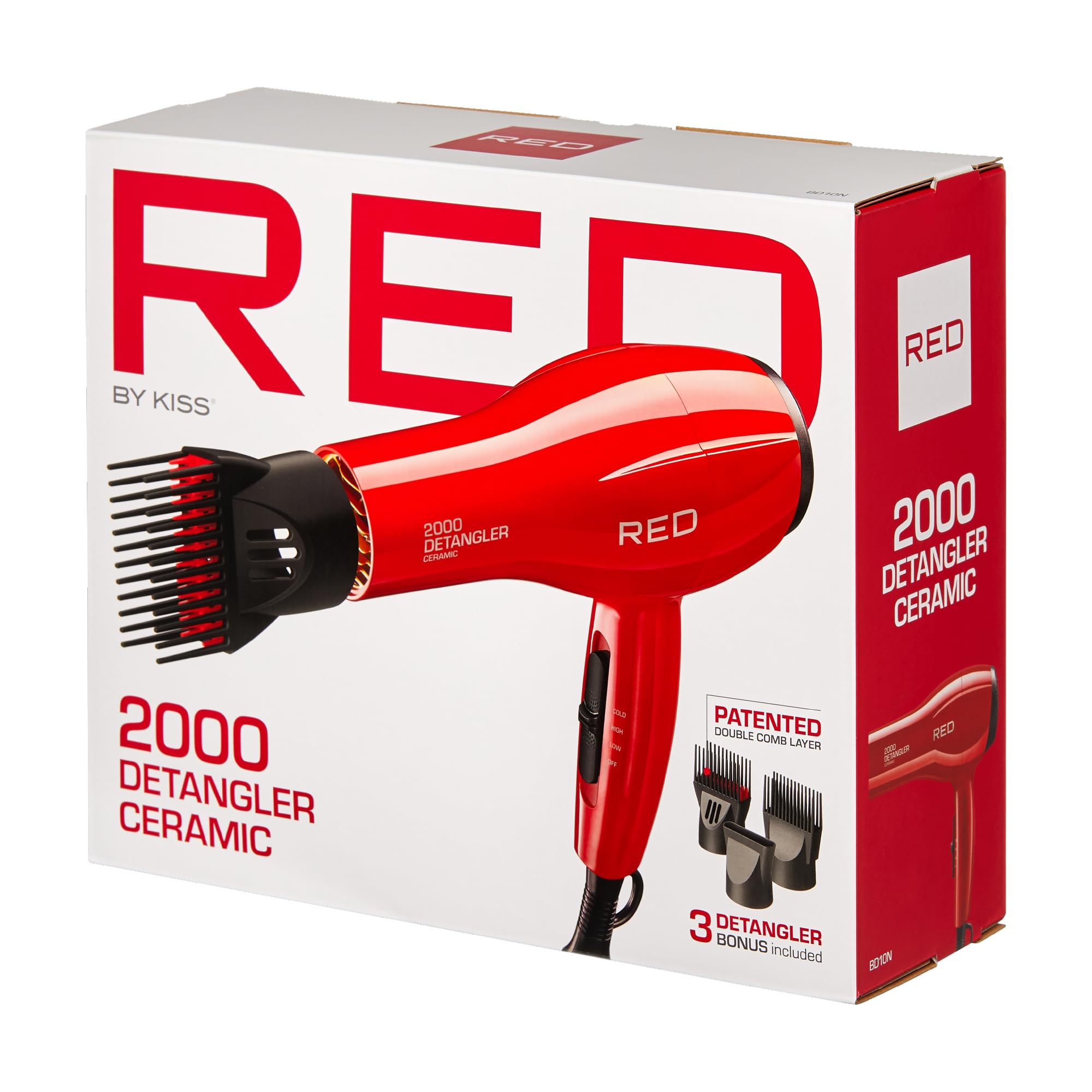 Red by Kiss Detangler Dryer Plus heat settings provide control for different hair types.