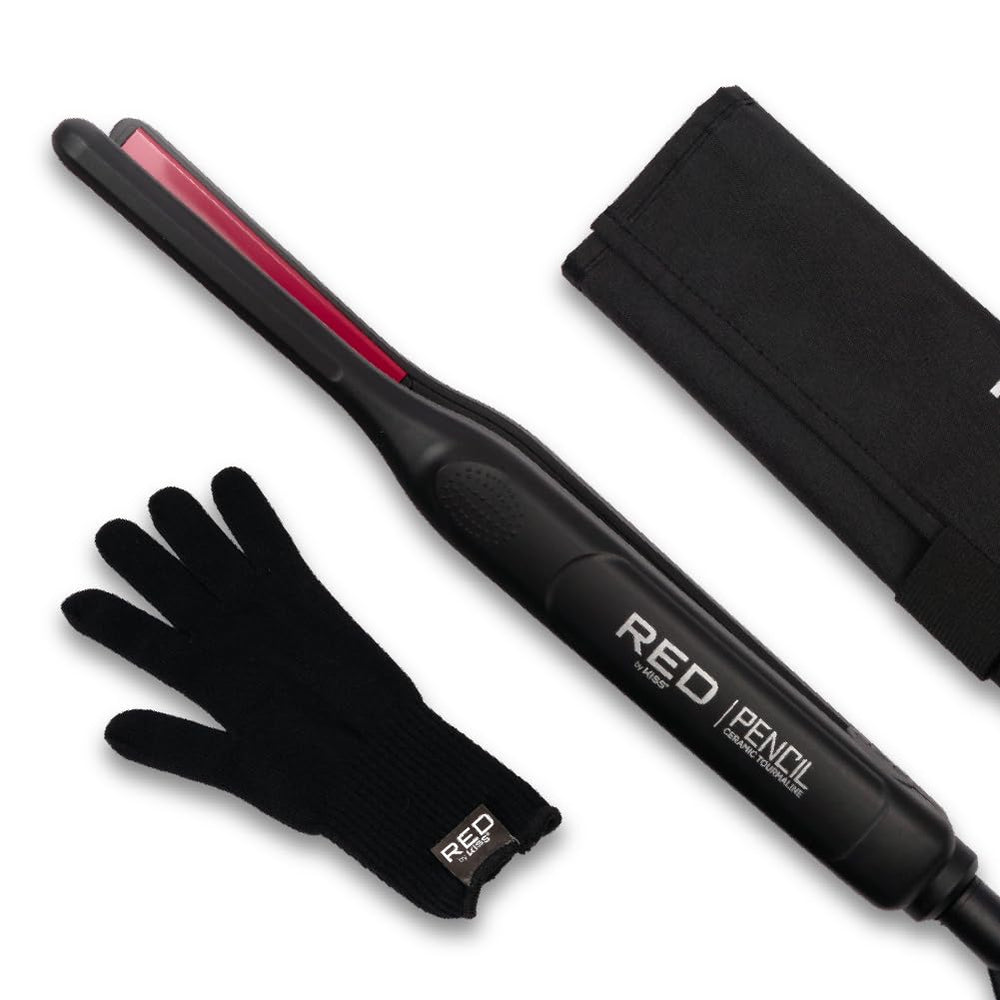 Red by Kiss pencil flat iron close-up showing precision styling and 450°F heat capability for sleek finishes.