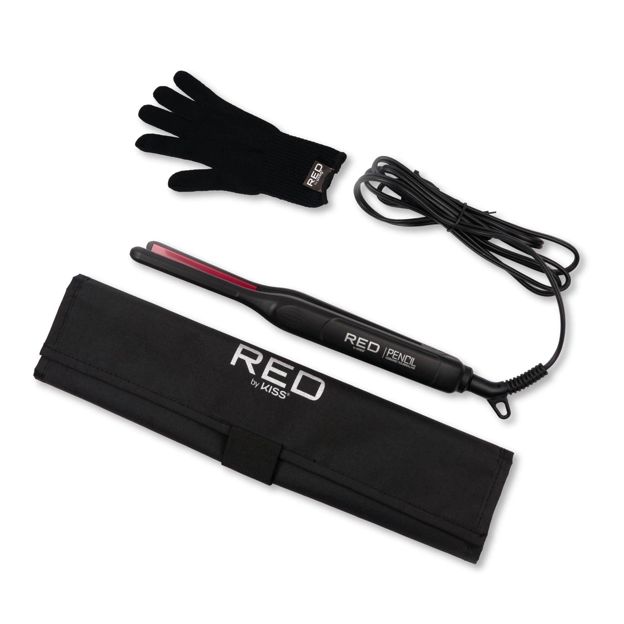 Red by Kiss pencil flat iron slim 0.3-inch plates in use for precise bangs styling.
