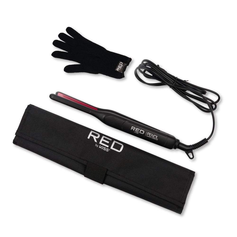 Red by Kiss pencil flat iron slim 0.3-inch plates in use for precise bangs styling.