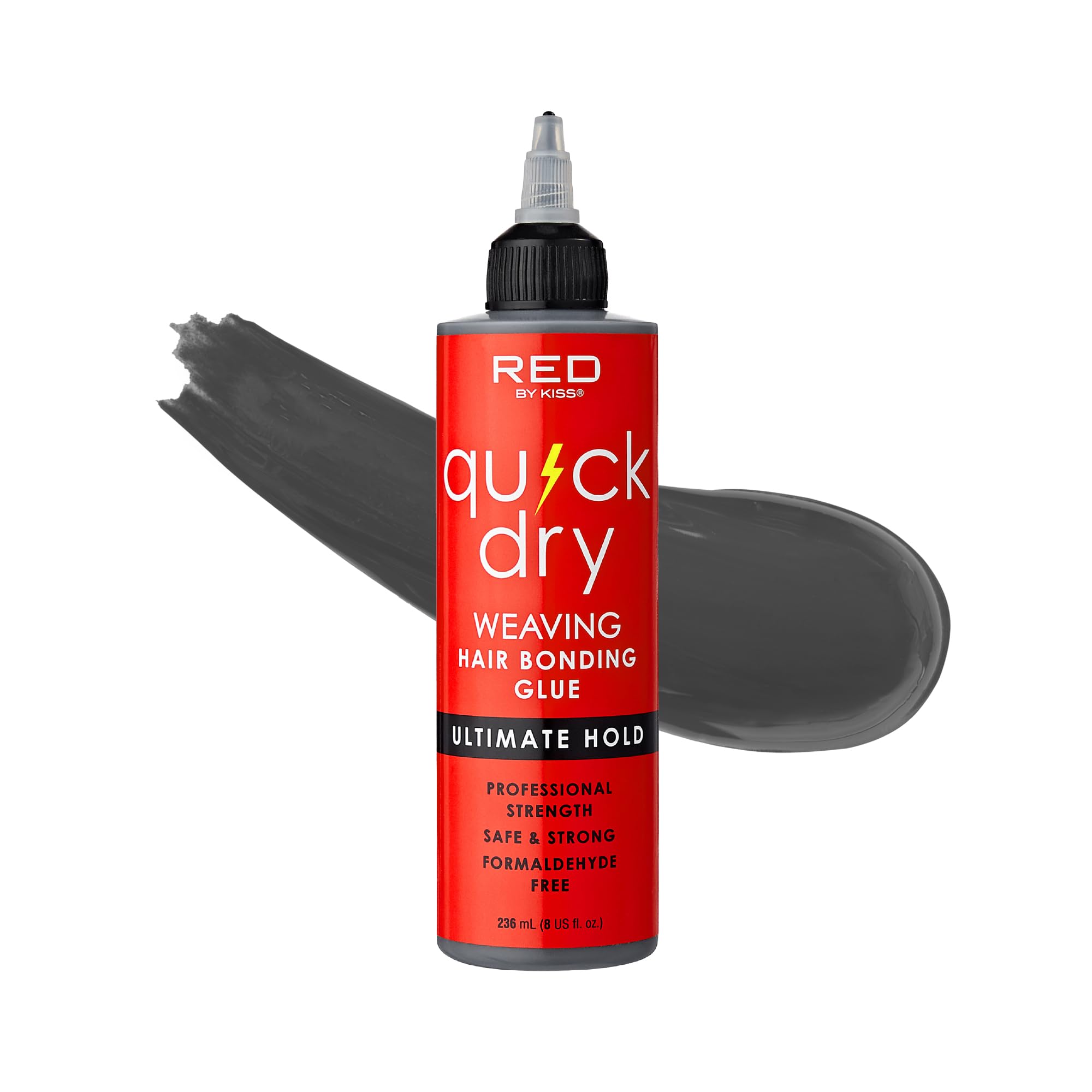 Red by Kiss Quick Dry Hair Bonding Glue bottle shows fast-dry hold for weaves