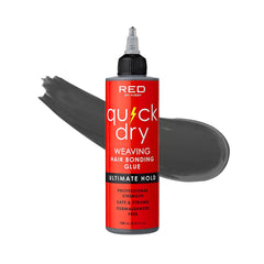 Red by Kiss Quick Dry Hair Bonding Glue bottle shows fast-dry hold for weaves
