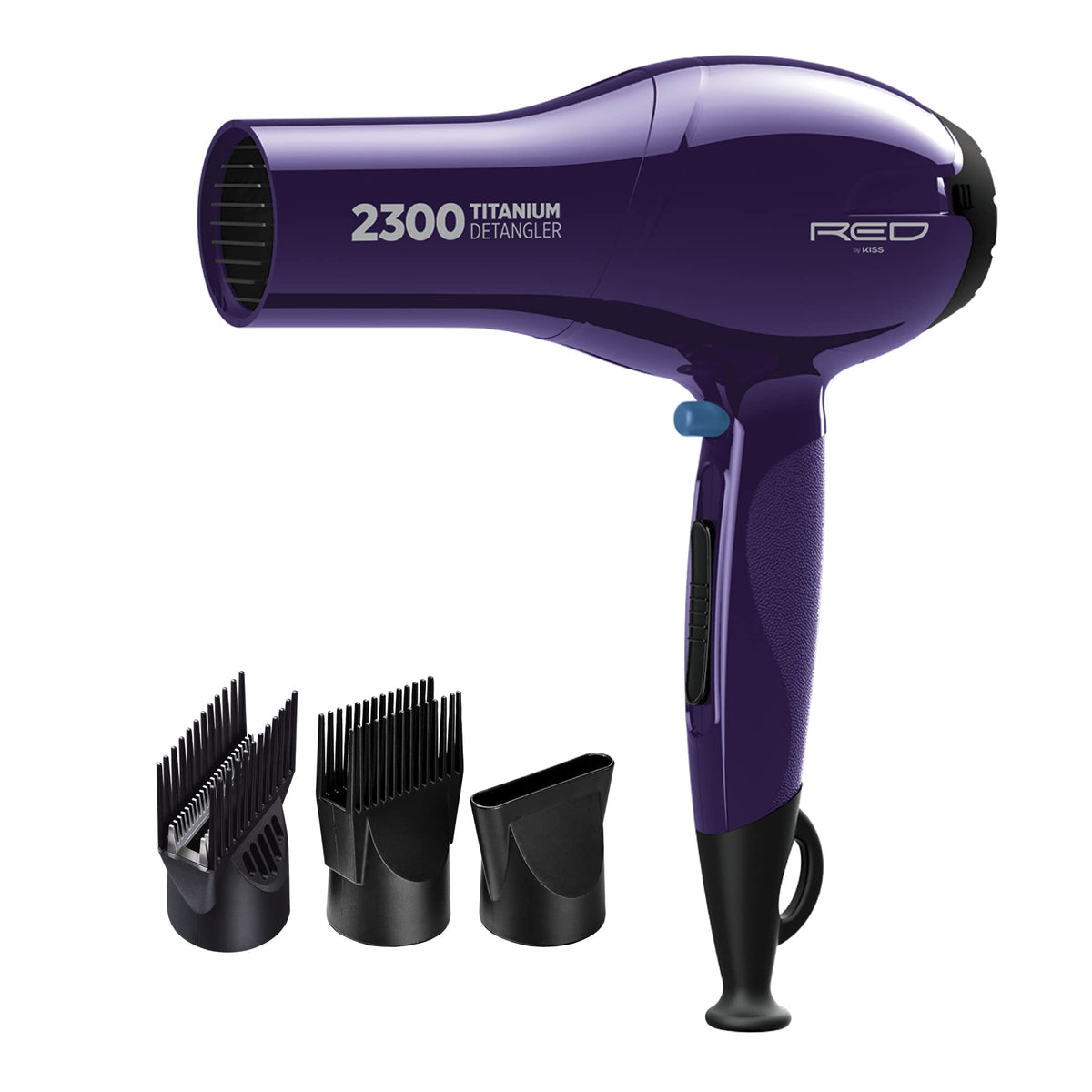 Red by Kiss Titanium 2300 Detangler Dryer front view highlighting double comb layer technology for faster detangling.