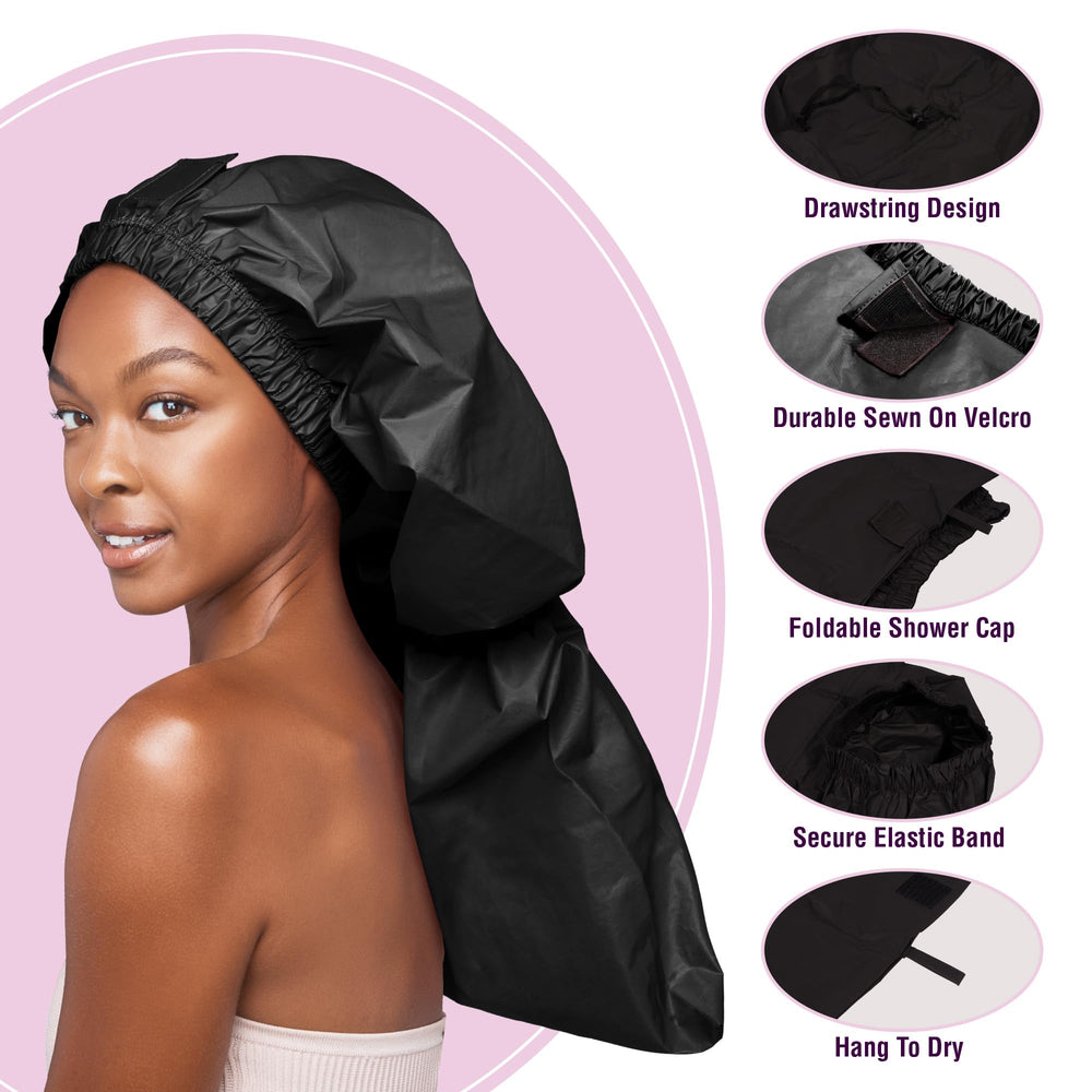 Red by Kiss waterproof shower cap closeup demonstrates water-resist without leakage during showers.